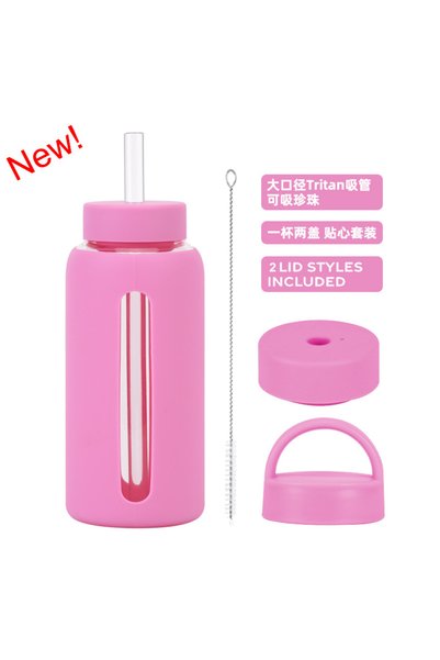 Generic Glass Water Bottle 800ml with Silicone Sleeve Time Markings Dual Lids...