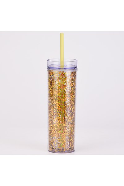 Generic Double Wall Thick Plastic Straw Cup Clear Sequin Straight Shatterproof