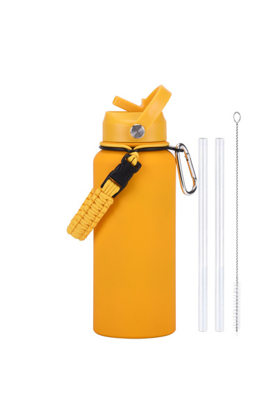 Generic Stainless Steel Insulated Water Bottle 1L with Straw and Woven Rope S...