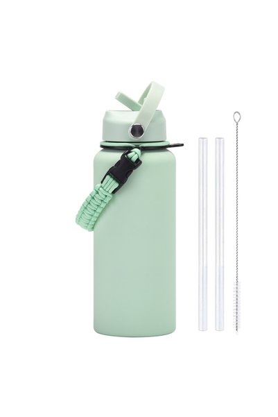 Generic Stainless Steel Insulated Water Bottle 1L with Straw and Woven Rope S...