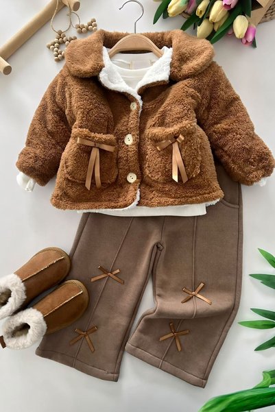 Minigimin Cicileri Girls' Winter 3-Piece Set with Bow Detail and Plush Jacket...