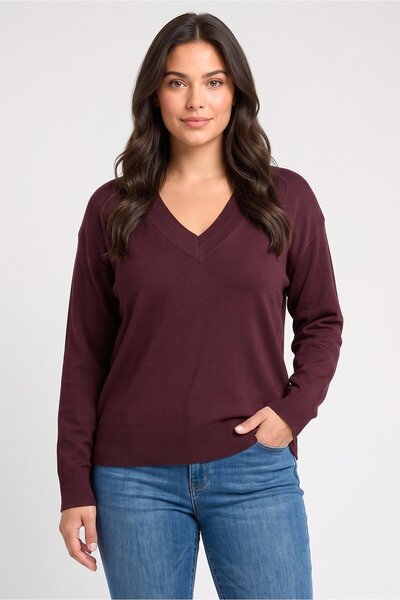 Cable&Gauge Women V-Neck Knitted Sweater, Dark Maroon
