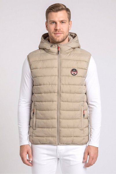 Geographical Norway Men Embroidered Logo Puffer Vest, Beige