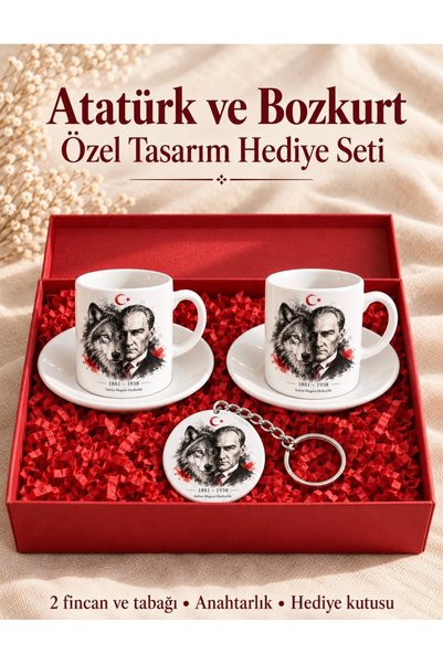 Sultan magnet hediyelik Atatürk and Grey Wolf-Patterned Pair of Coffee Cups w...