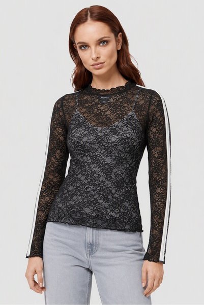 Monki Women Mock Neck Long Sleeve Textured Top, Black