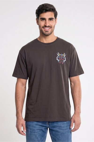 Brave Soul Men Crew Neck Short Sleeve Graphic Print T-Shirt, Dark Grey
