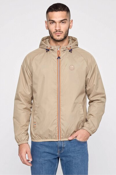 Geographical Norway Men Hooded Long Sleeve Brand Logo Windbreaker Jacket, Tan