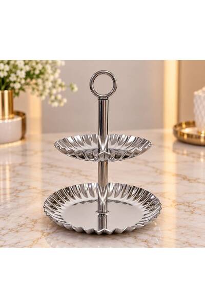 aljahwari 56389 Luxury Shiny Stainless Steel Double Tiered Large Serving Stand