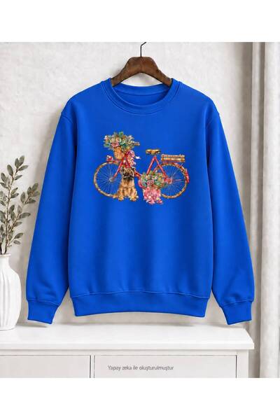 caddekombin Women's Floral Bicycle and Cute Dog Graphic-Print Bicycle Crew Ne...