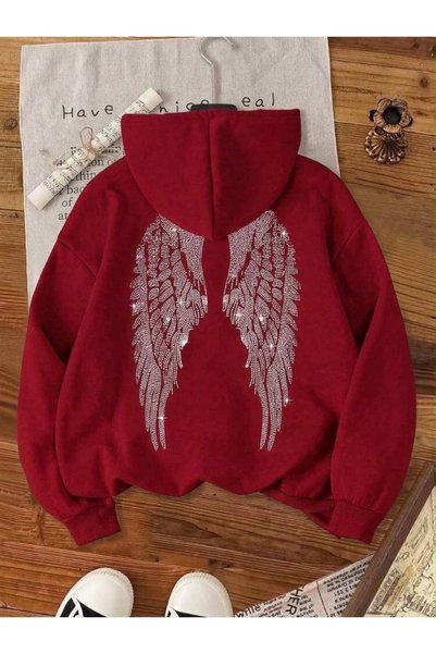JANTIL MODA Women's Winged Stone Printed 3 Thread Yarn Embroidered Fabric Hoo...
