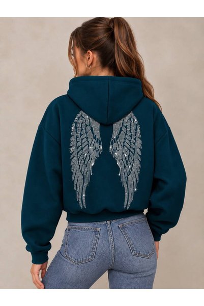 JANTIL MODA New Season Women's Trendy Wing-Print 3-Ply Brushed Inside Hooded ...
