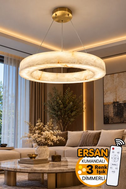Ersan Avize ES 3 Renk Kumandalı 50'CM Eskitme Modern Mermer Desenli Ledli Avi...