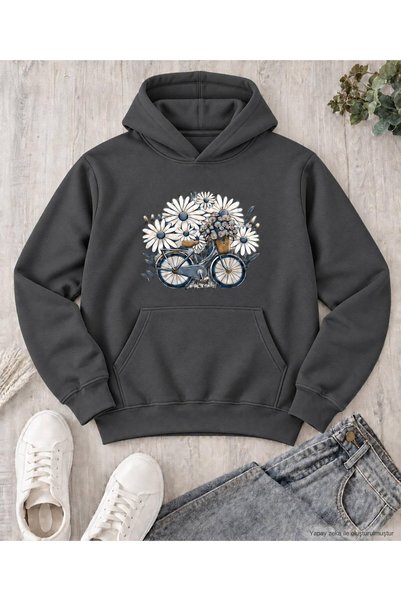 caddekombin Women's Oversized Hooded Sweatshirt with Floral Bicycle Print - D...