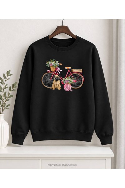caddekombin Women's Floral Bicycle and Cute Dog Graphic-Print Bicycle Crew Ne...