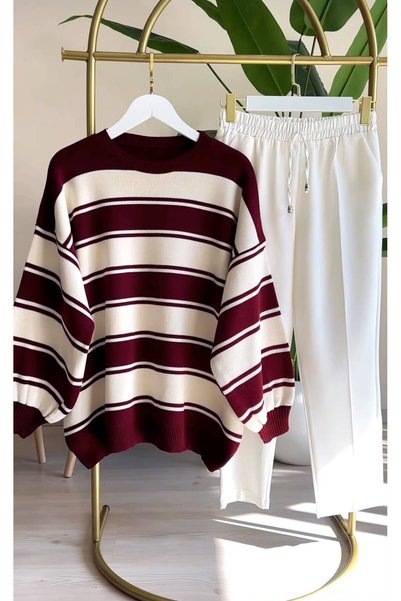 Genel Markalar MODA BERRA KALIN CİZGİLİ YUVARLAK YAKA TİRİKO