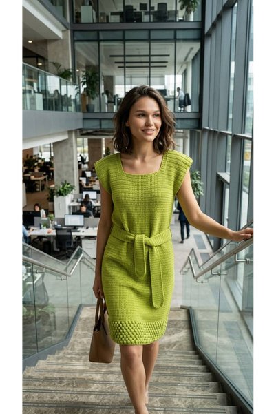 Gönülden Tasarım Rochie verde cu curea, tricotată manual, mărime L/XL