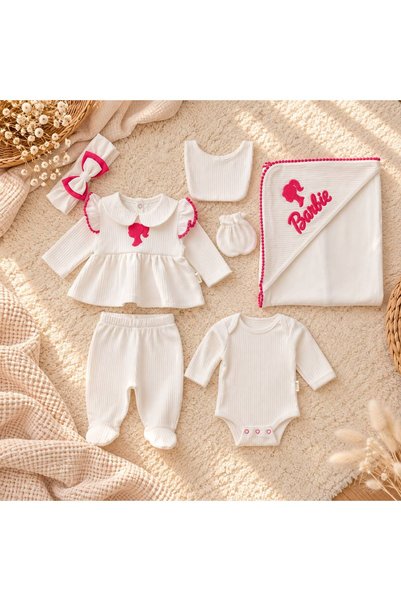 LunaSun Kids Barbie Embroidered Girl Baby Hospital Outfit 7-Piece Set, Ecru a...