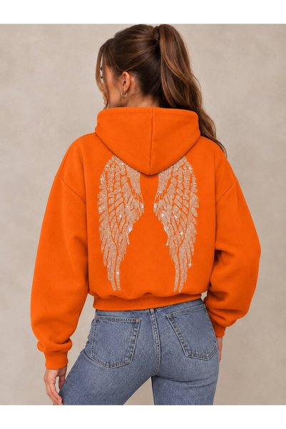JANTIL MODA New Season Women's Trendy Wing-Print 3-Ply Brushed Inside Hooded ...