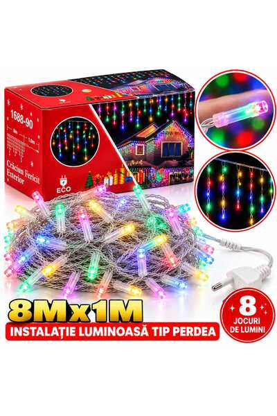 SHOP LIKE A PRO Instalatie Luminoasa de Craciun Tip Ploaie, 8 x 1 m, LED , 8 ...