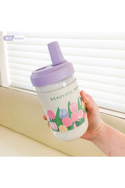 Generic كوب زجاجي من البوروسيليكات مع مصاصة، مناسب للعصير والحليب والشاي، محمول