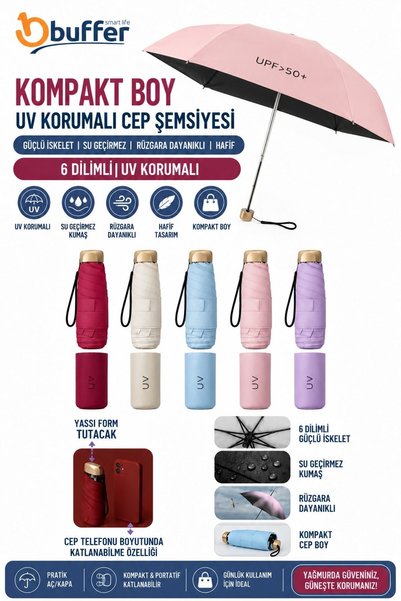 Buffer ® Kompakt Boy Katlanabilir,UV Korumalı,Siyah İç Kaplamalı,6 Dilimli,Su...