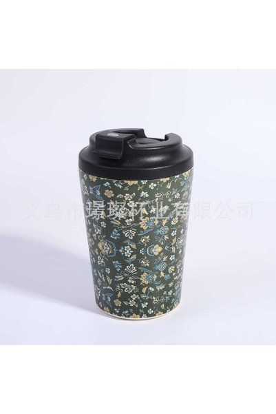 Generic كوب قهوة من الفولاذ المقاوم للصدأ 304 مع غطاء قابل للطي وطبعة زهرية و...