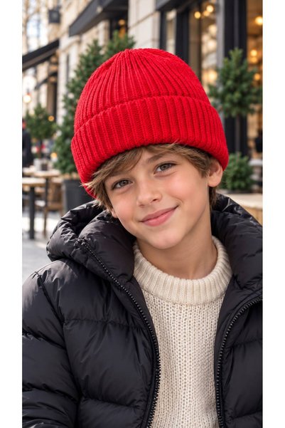 BALIENTE Red, Soft-Textured, Corded Fabric Knit Boys' Beanie, Ages 7–12