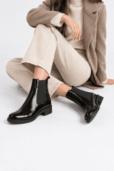 TRENDELLA Women's Black Patent Leather Ankle Boots with Elastic, Short Heel, ...