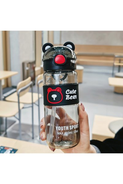 Generic Plastic Bear Straw Cup Flip Lid Student Kids Portable Water Bottle