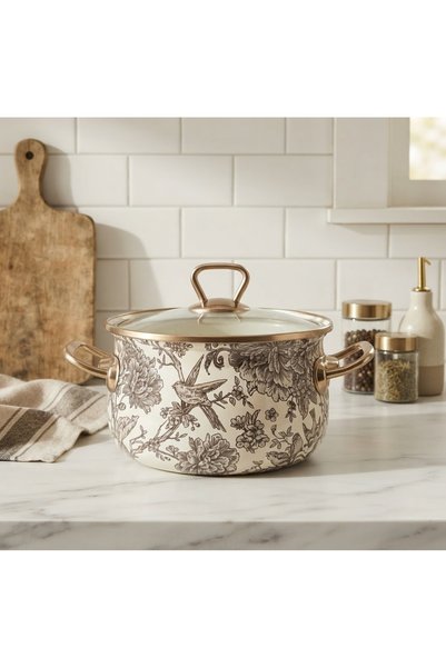 EMAYE EVİM 18 CM DIAMETER, 2-LITER ENAMELED POT WITH BIRD DECOR AND STEEL HAN...