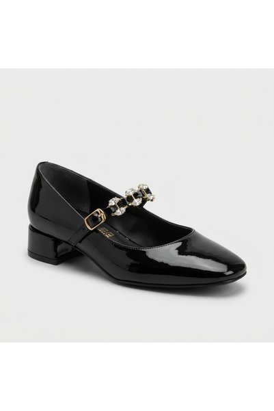 KİNDEP (Park Moda) Black Short-Heeled Shoes with Stone Embellishments