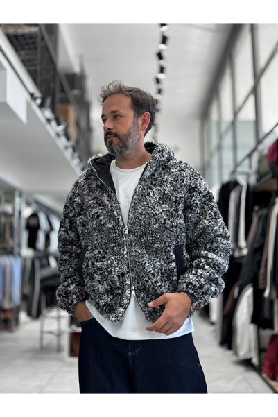BYBASICMAN Jachetă din pluș cu glugă, gri, cu model TW-7026