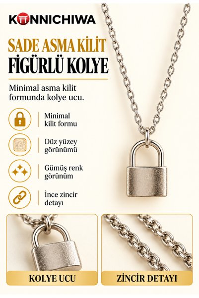 FG KONNİCHİWA Silver-Colored Padlock-Shaped Chain Necklace PADLOCK NECKLACE –...