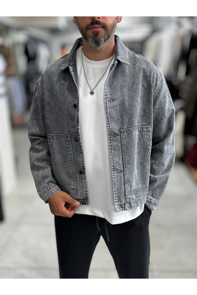 BYBASICMAN Jachetă de blugi oversize gri cu buzunare în față DF-3501