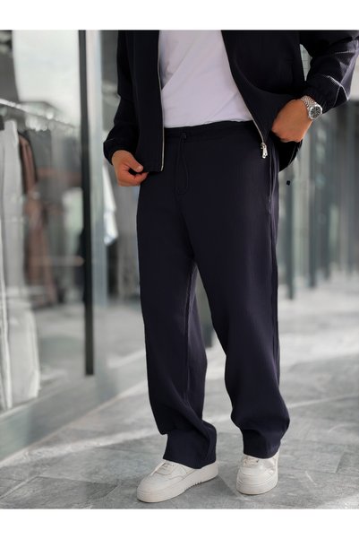 BYBASICMAN Pantaloni largi, cu talie înaltă, de culoare bleumarin, materiați ...