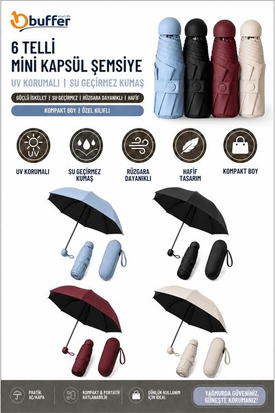 Buffer ® 6 Telli Mini Kapsül Şemsiye, UV Korumalı, Su Geçirmez Kumaşlı, Özel ...