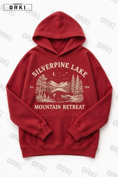 EFFRENATU Red Unisex Oversized Hooded Sweatshirt with Lake and Mountain Scene...