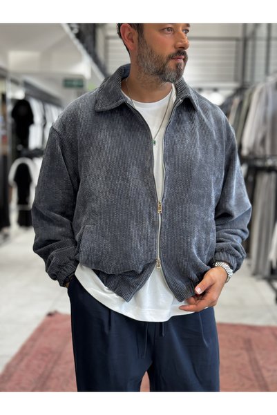 BYBASICMAN Jachetă din catifea cu fermoar gri antracit TW-7003