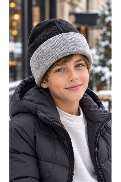 BALIENTE Black and Gray Double-Layer Folded Knit Boy's Beanie