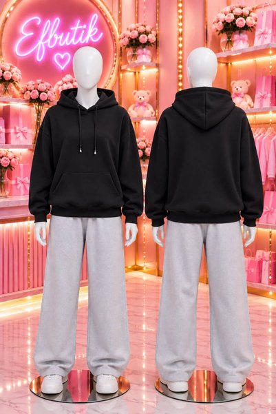 EFBUTİK Black 3-Ply Oversized Hooded Sweatshirt