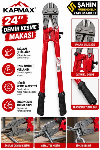 24 İnç 600 mm Demir Kesme Makası Profesyonel Çelik Ağızlı İnşaat Demiri Tel ve Zincir Kesici