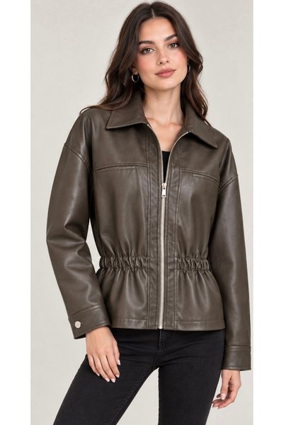 SheLoria Women's Brown-Lined Faux Leather Jacket with Elastic Waistband, Zipp...