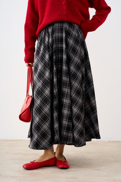 LOCCO Women's Plaid Skirt with Elastic Waistband, Black