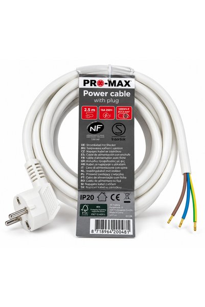 Generic Brand Cablu de alimentare PRO-MAX cu ștecăr – 2,5 m, 16A, 250V, alb