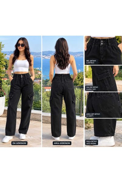 reepi Pantaloni boyfriend din bumbac, fără lycra, cu talie înaltă elastică și...