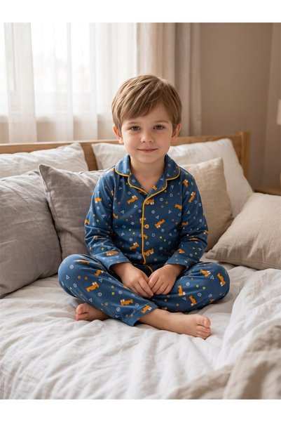 Erkek Çocuk Desenli Önden Düğmeli Uzun Kol Pijama Takımı
