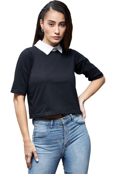 Generic Women Collar Neck Half Sleeves Solid Boxy Loose Blouse (Moaw14Tp01)