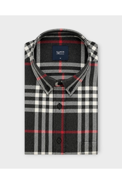 KAMER WINTER REGULAR FIT BUTTON-DOWN SHIRT COLLAR SINGLE-POCKET CHECKED ANTHR...