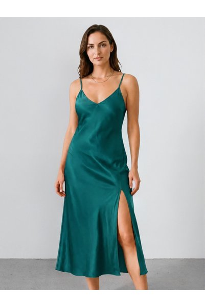 Take Two By Styli Dark Green Satin Slip Dress