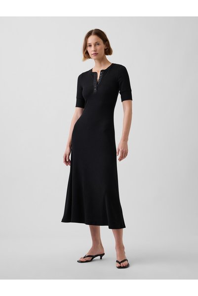 GAP Kadın Siyah Modern Fitilli Henley Maxi Elbise